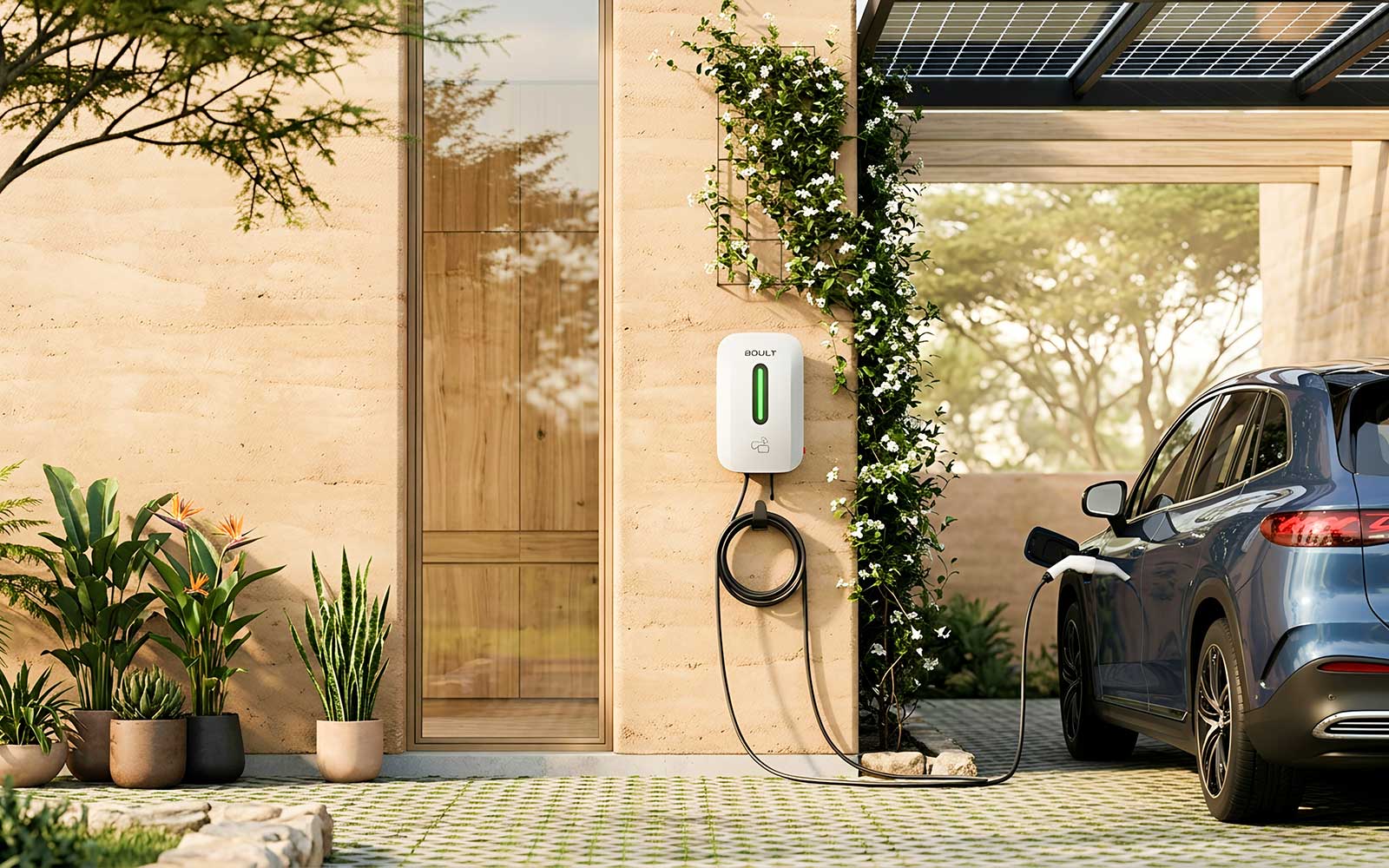 Electric car charging at a modern home with solar panels